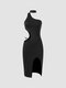 Solid Irregular Halter Split Tight Dress - Black