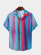 Men Striped Multi Color Loose Fit Lapel Shirt - Blue