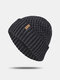 Men Acrylic Knitted Plus Velvet Solid Color Geometric Jacquard Letter Cloth Label Cuffed Brimless Beanie Hat - Black