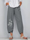 Flower Print Elastic Waist Casual Pants For Women - Grey
