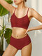 Feminino sling plissado cintura alta duas peças cor sólida sem encosto Praia maiôs biquínis - Vermelho