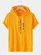 Mens Korean Character Print Short Sleeve Drawstring Hooded T-Shirts - Yellow