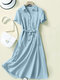 Сплошной карман на пуговицах с коротким рукавом Рубашка Платье с Ремень - синий