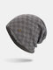Men Knitted Plus Velvet Lattice Jacquard Letter Iron Label Brimless Beanie Hat - Gray