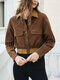Contrast Color Corduroy Lapel Color Pocket Button Crop Jacket - Brown