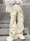Hombres Fold Detalle Sólido Recto Carga Pantalones - Beige