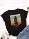 Spaceship Stripe Print O-neck Short Sleeve Casual T-Shirt For Women - Black
