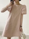 Puff Sleeve Casual Solid Crew Neck Women Dress - Pink