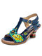 Socofy Leather Bohemian Ethnic Floral Buckle Heeled Sandals - Dark Blue