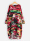 African Print Asymmetrical Hem Plus Size Dress - Red