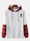 Mens Floral Print Check Stitching Cotton 2 In 1 Preppy Drawstring Hoodies - Gray