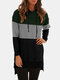 Contrast Color Patchwork Pocket Casual Drawstring Hoodie For Women - Dark Green