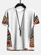 Mens Ethnic Geometric Pattern Stitching Texture Short Sleeve Streetwear T-Shirts - White