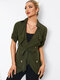 Solid Belt Double Breasted 3/4 Sleeve Lapel Blouse - Army Green