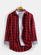 Mens 100% Cotton Classical Plaid Lapel Casual Long Sleeve Shirts - Red