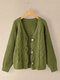 Solid Color Cable Knitted Button Casual Comfy Cardigan - Green