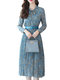 Floral Printed Slim Long Sleeve Chiffon Dress - Blue