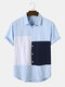 Mens Color Block Patchwork Lapel Casual Short Sleeve Shirts - Blue