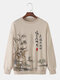 Mens Chinese Style Landscape Print Crew Neck Pullover Sweatshirts - Khaki