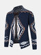 Mens Ethnic Geo Pattern Jacquard Knit Open Front Casual Cardigans - Navy