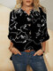 Button Stand Collar Long Sleeve Abstract Pattern Print Blouse - Black