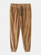 Mens Corduroy Seam Detail Solid Color Drawstring Elastic Cuffed Pants - Brown