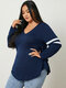 Solid Color Striped Patchwork V-neck Long Sleeve Plus Size T-shirt - Navy