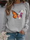 Flower Butterfly Print Long Sleeve Sweatshirt For Women - Grey