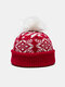 Women Acrylic Faux Cashmere Knitted Snowflake Letters Pattern Fur Ball Decorated Beanie Hat - Red