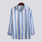 Men's Hit Color Striped Long Sleeve Turn Down Collar Casual Shirts - Blue