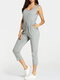 Solid Color Drawstring Pocket Sleeveless Casual Jumpsuit for Women - Gray