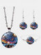 3 Pcs Ldyllic Scenery Men Women Jewelry Set Printed Adjustable Glass Necklace Earrings Bracelet - #02