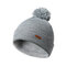 Womens Winter Solid Color Wool Knitted Fur Ball Beanie Cap Earmuffs Warm Outdoor Casual Hats - Gray