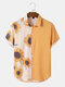 Mens Sunflower Print Patchwork Lapel Holiday Short Sleeve Shirts - Yellow