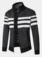 Mens Knitted Stripe Zip Front Stand Collar Casual Warm Cardigans - Black