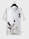 Camisetas de manga corta estilo chino con estampado de paisaje de grúa para hombre - Blanco