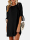 Knotted Long Sleeve O-neck Casual Mini Plus Size Dress - Black