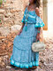 Bohemian Printed Off Shoulder Summer Beach Maxi Dress - Light Blue
