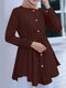 Solid Button Drawstring Waist Puff Sleeves Crew Neck Blouse - Coffee
