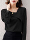 Solid Asymmetrical Neck Long Sleeve Women Blouse - Black