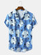 Mens Plant Striped & Circle Print Lapel Holiday Short Sleeve Shirts - Blue
