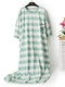Plus Size Casual Pajamas Cotton Breathable Striped Print Long Loose Sleepwear - Green