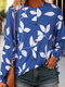 Manica lunga da donna con stampa di foglie vegetali sul davanti Camicia - blu