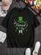 T-shirt à manches courtes et col rond pour homme, imprimé trèfle de la Saint-Patrick, hiver - Noir