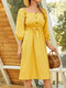 Solid Color Square Collar Puff Sleeves Casual Dress For Women - Yellow