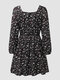 Plus Size Casual Calico Square Neck Shirring Print Dress - Black