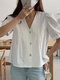 Solid Puff Sleeve Button Front V-neck Casual Blouse - White