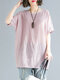 Short Sleeve Loose Plaid Crew Neck Casual T-shirt For Women - Pink