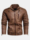 Mens Leather Slim Fit Coats Long Sleeve Fleece Lined Warm PU Leather Outerwears  - Earth Yellow