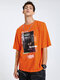 Men 100% Cotton View Of City And Letter Printed T-shirt - Orange